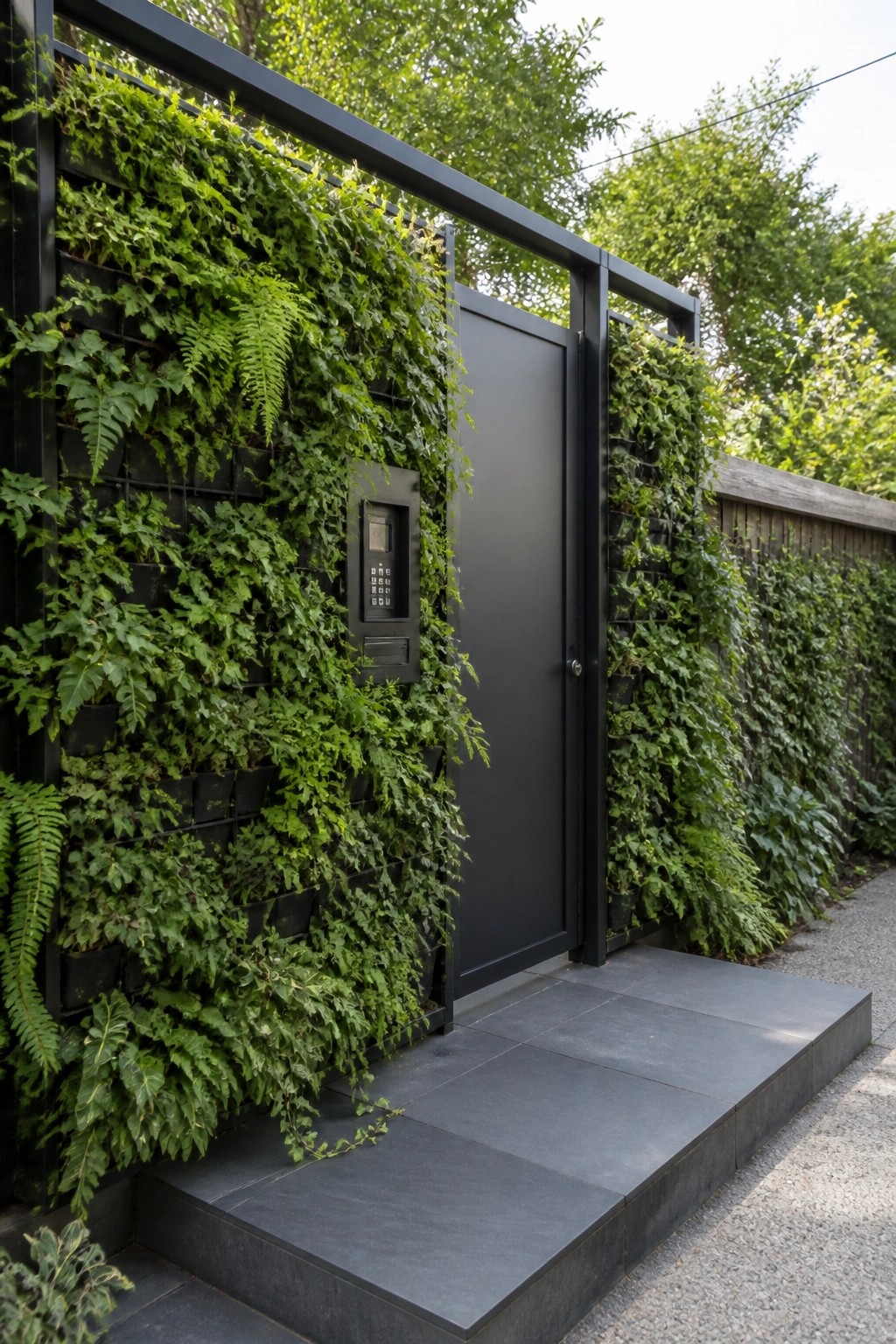 A black modern gate with a metal frame surrounded by dense green plants growing from wall-mounted grid planters on both sides and a keypad panel on the left.