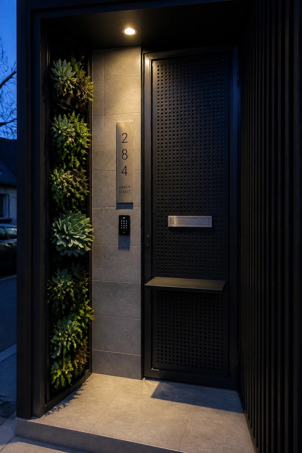 Modern black door with vertical succulent garden, 284 Abbey Street sign and keypad.