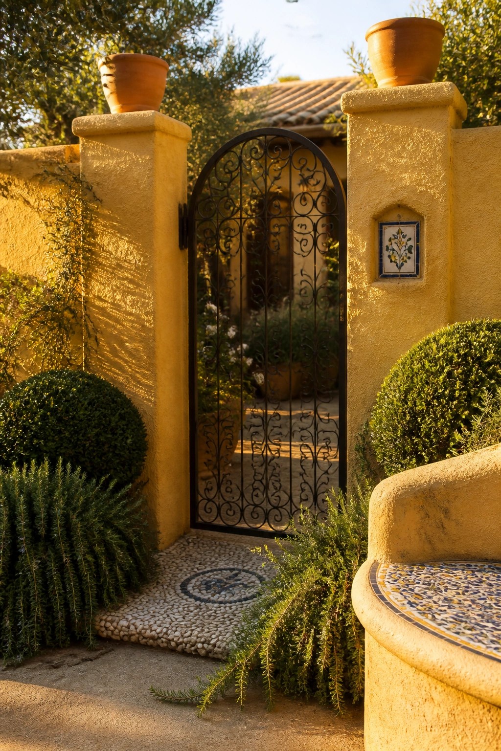 Open ornate iron gate in yellow stucco wall with pebble mosaic path and pots.