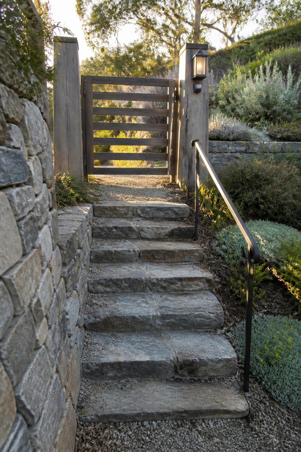 Stone steps ascend to wooden gate with lantern and metal handrail amid garden plants