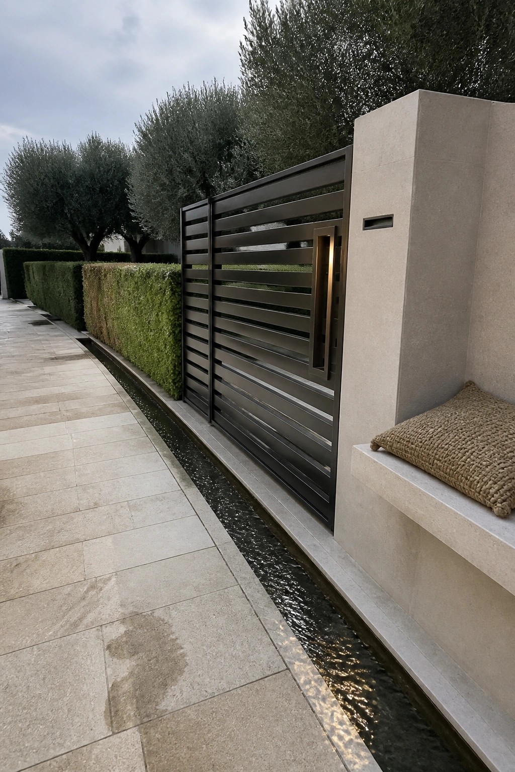 A modern dark metal gate with horizontal slats sits beside a concrete wall with a built-in bench, next to a narrow water channel along a stone path.