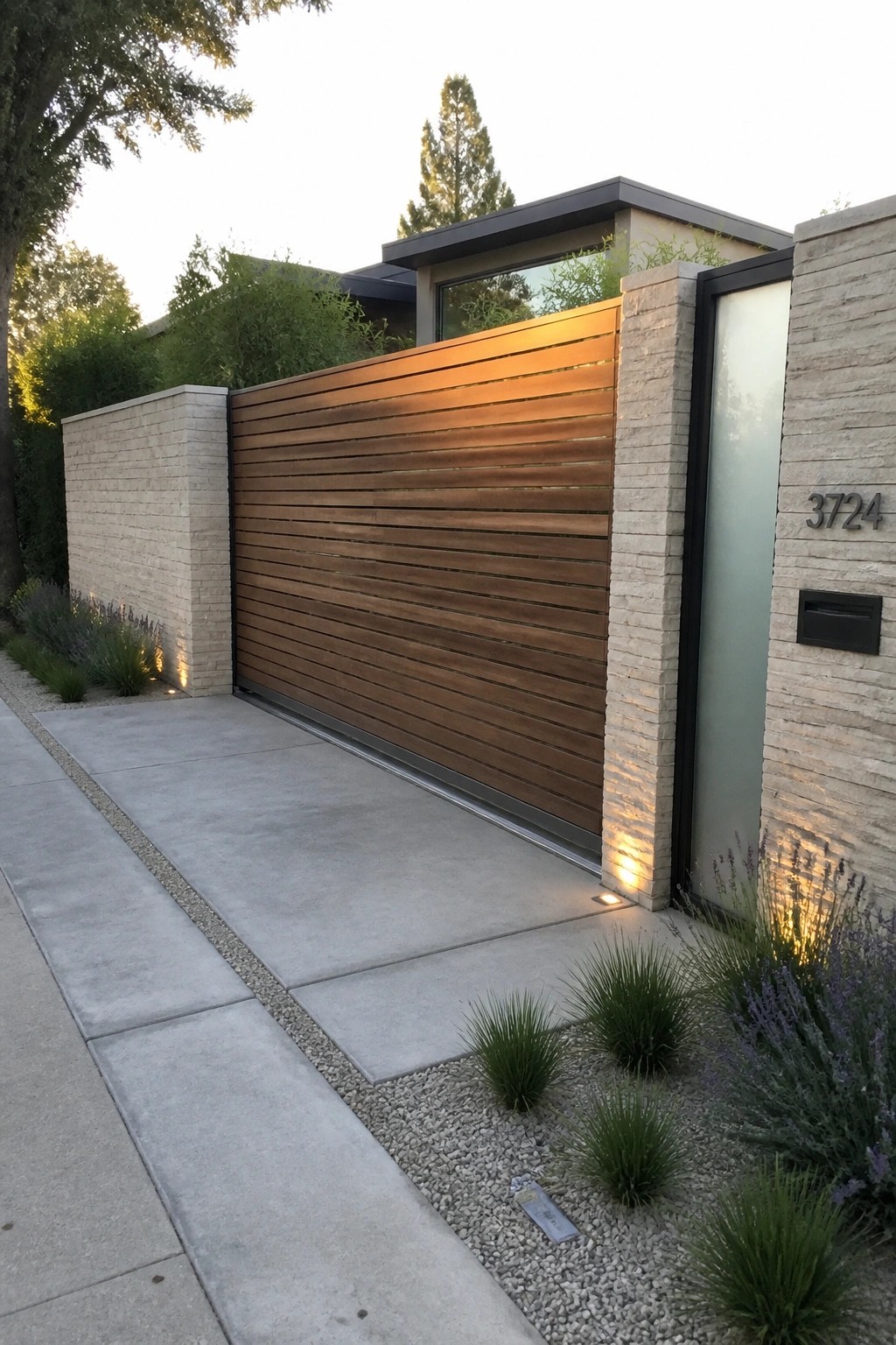 A modern wooden gate with horizontal slats set between stone pillars, next to a frosted glass side door with the number 3724 on a concrete driveway.