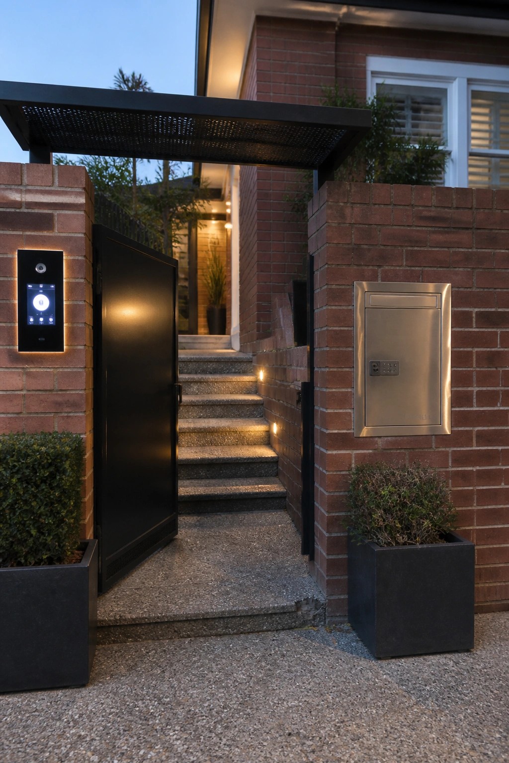 A modern black metal gate stands open between brick pillars at a home entrance, with a lit video intercom on the left wall and a stainless steel mailbox on the right.