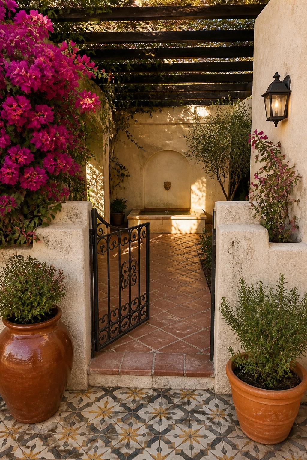 A black ornate metal gate stands open between two stone pillars, flanked by terracotta pots with green plants and leading to a tiled courtyard path with a fountain in the background.