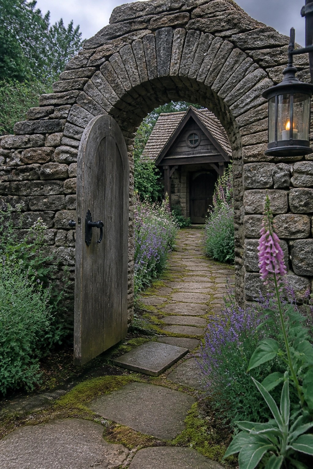 A rustic stone archway with an open wooden door frames a moss-covered stone path leading to a small house, flanked by purple flowers and a lit lantern.