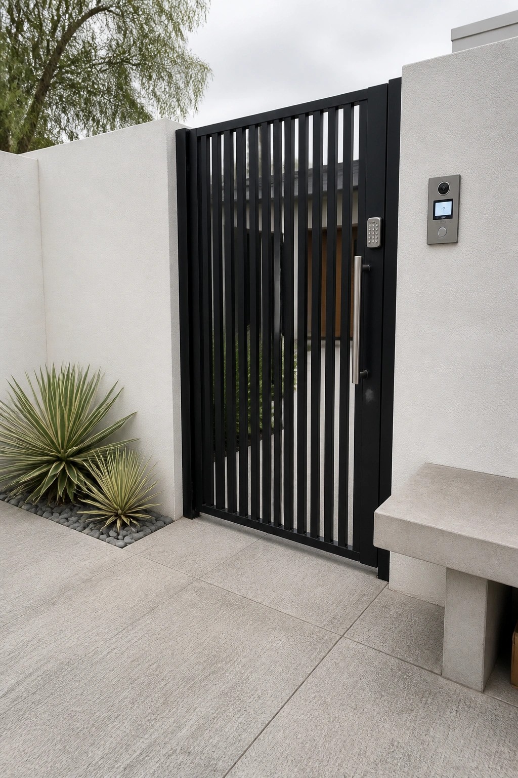 A black vertical slat gate installed in a light concrete wall beside an intercom panel and a concrete bench.