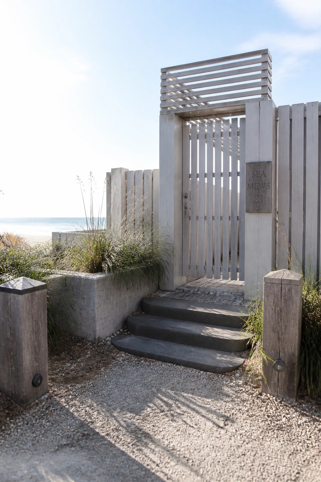 A white wooden gate with vertical slats and a horizontal top frame stands between concrete pillars, with dark steps, a gravel path, and the ocean visible in the background.