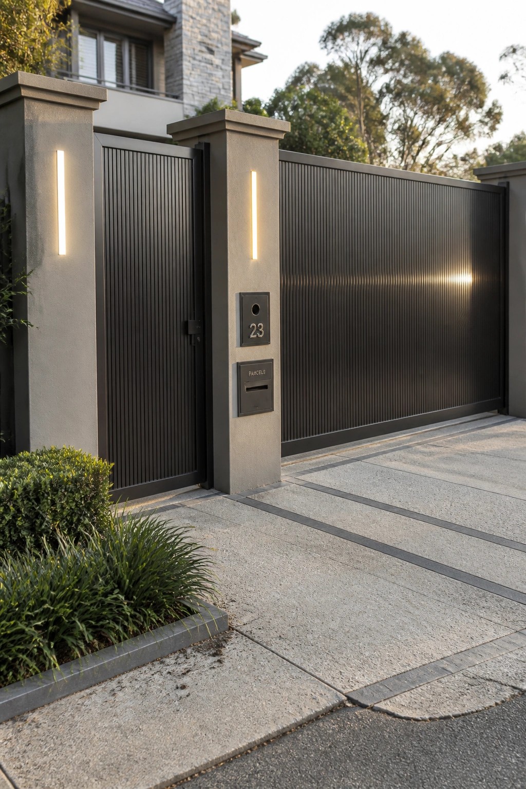 Modern black vertical-slatted gate with lit concrete pillars, 23 plaque, and driveway