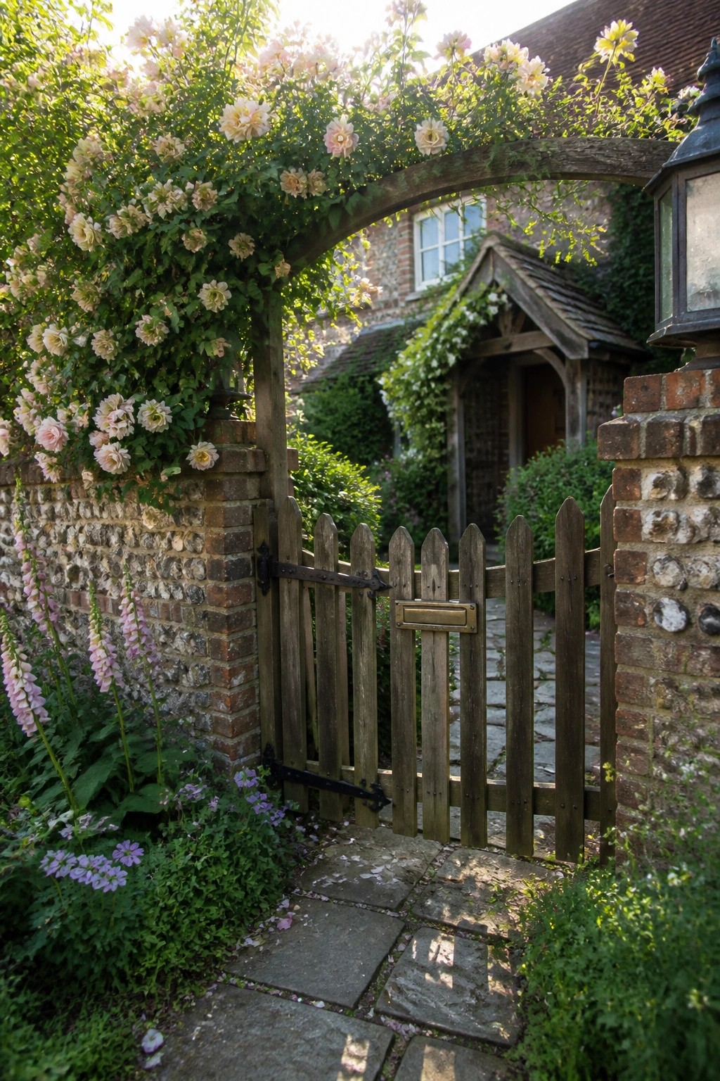 Wooden gate beneath blooming rose arch on brick pillars beside stone path