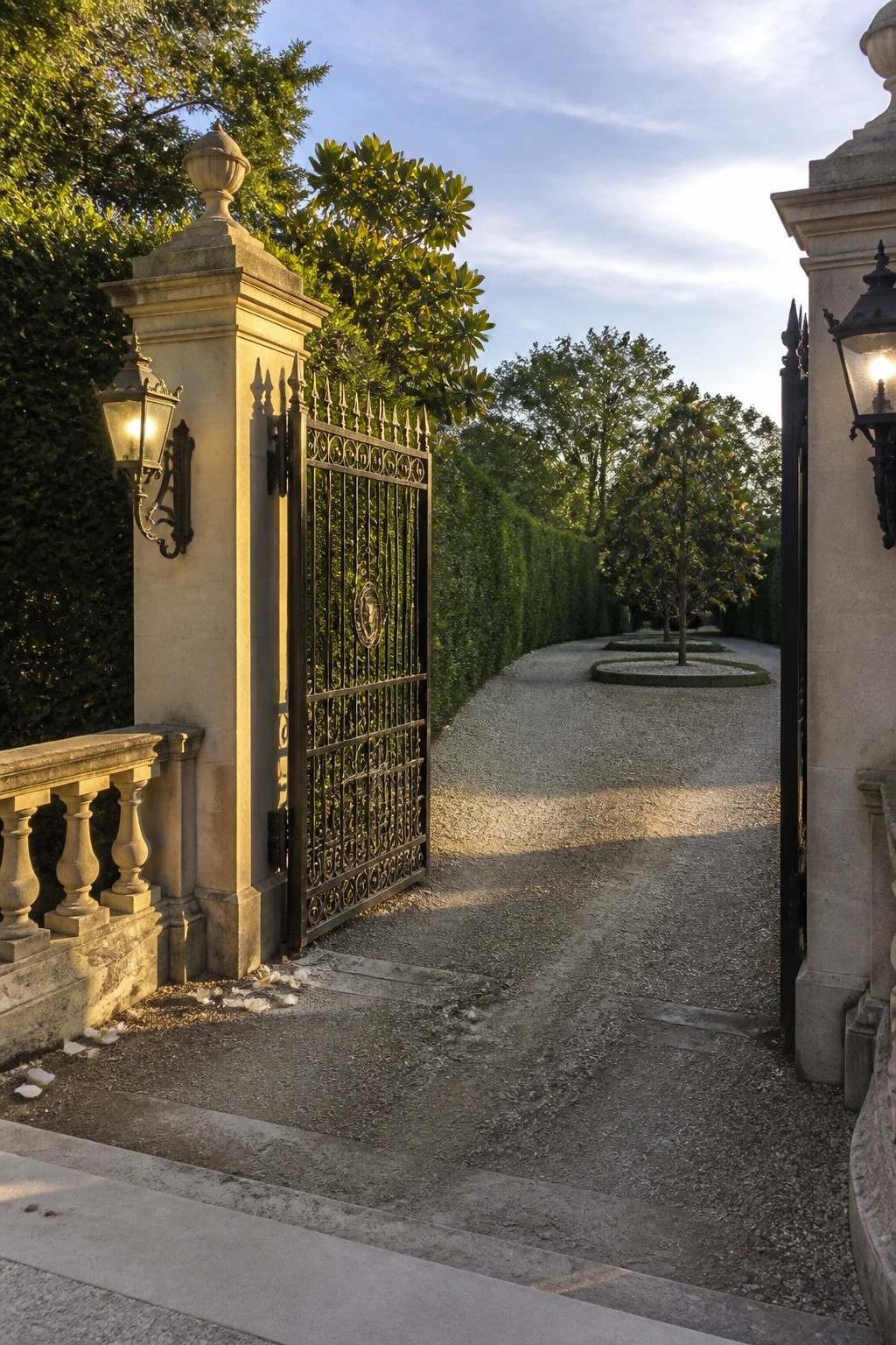 An open ornate black metal gate between two stone pillars with lanterns, leading to a gravel driveway lined with hedges and trees.
