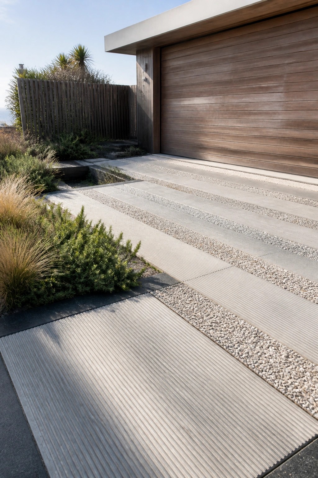 Modern home with ribbed concrete driveway, gravel strips, and lush garden landscaping.