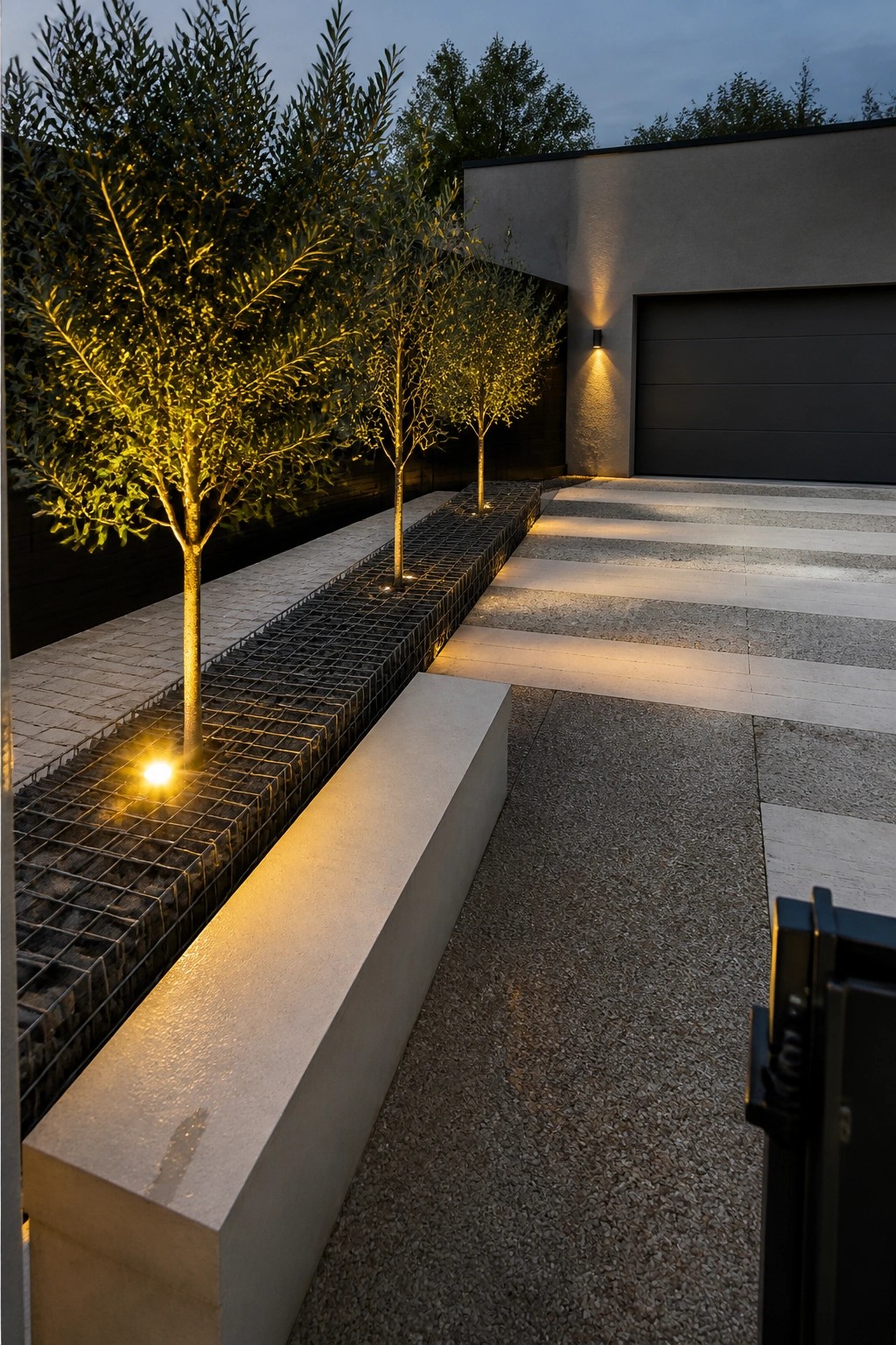 A modern driveway with alternating light stone slabs and textured gravel bands leads to a dark garage door, bordered by a long concrete planter holding trees set in metal grid enclosures.
