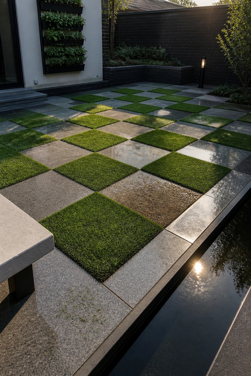 An outdoor courtyard showing a checkerboard pattern of grass squares and gray stone tiles beside a narrow water channel with a vertical garden on the wall.