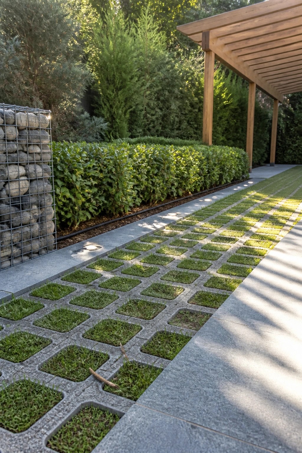 A concrete grid paver path with grass growing in the squares runs beside a trimmed hedge, a gabion wall on the left, and a wooden pergola on the right.