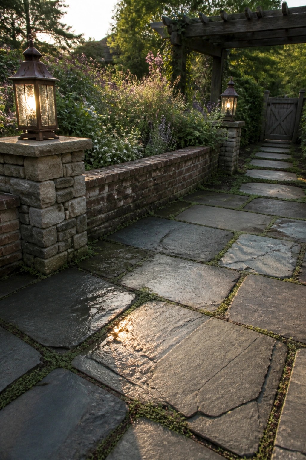 Wet stone path reflecting sunlight, flanked by glowing lanterns and brick garden walls