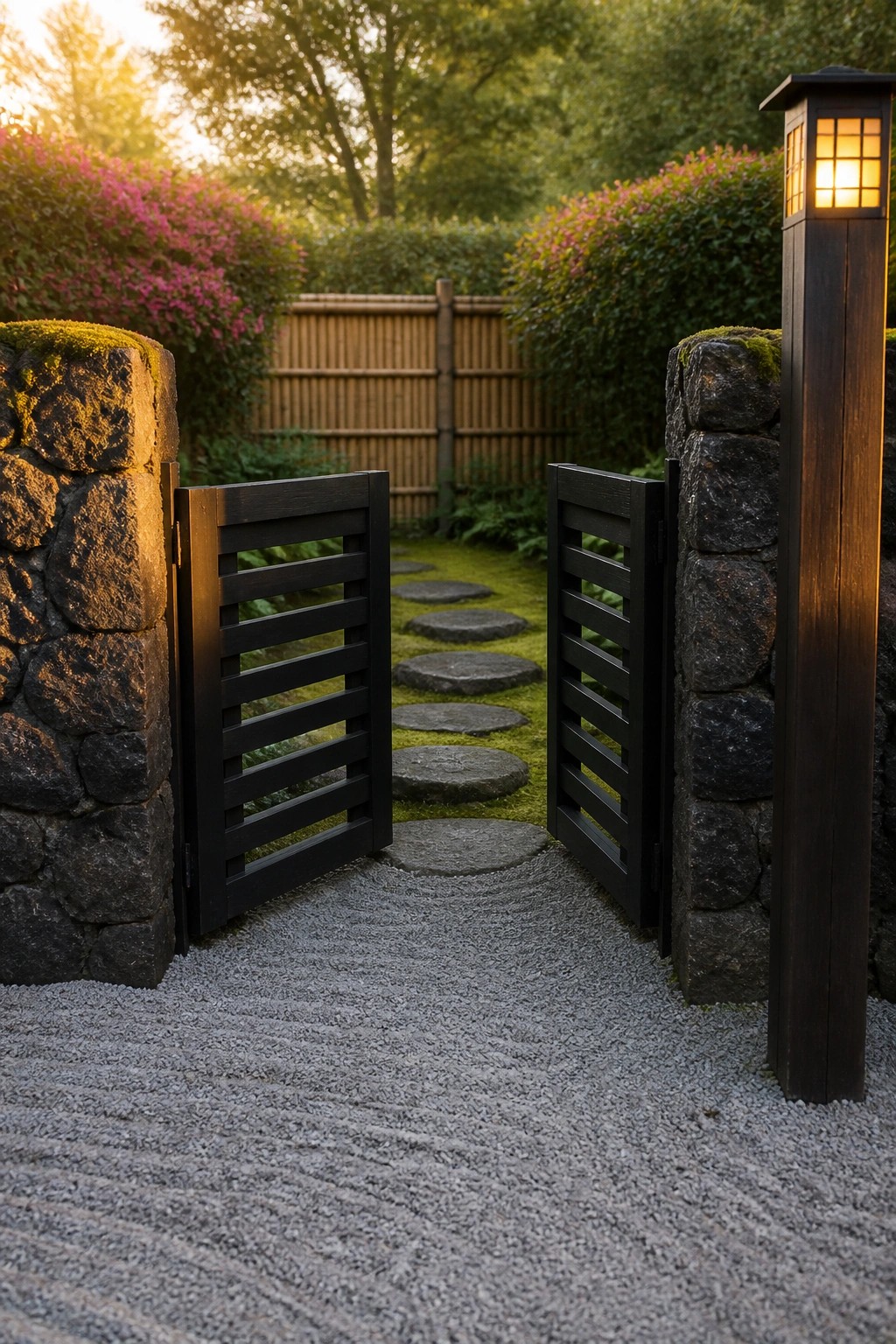 A dark wooden slatted gate stands open between two mossy stone pillars, revealing a gravel path with round stepping stones leading into a garden with green hedges and a bamboo fence.
