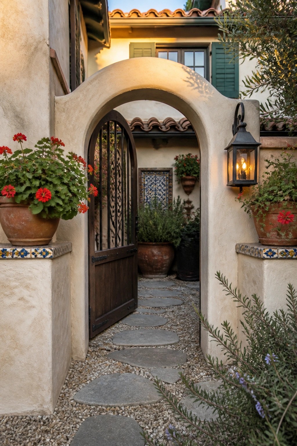 A wooden gate with iron bars sits inside a curved stucco arch, flanked by potted red flowers and a lit lantern, with a stone path visible beyond.