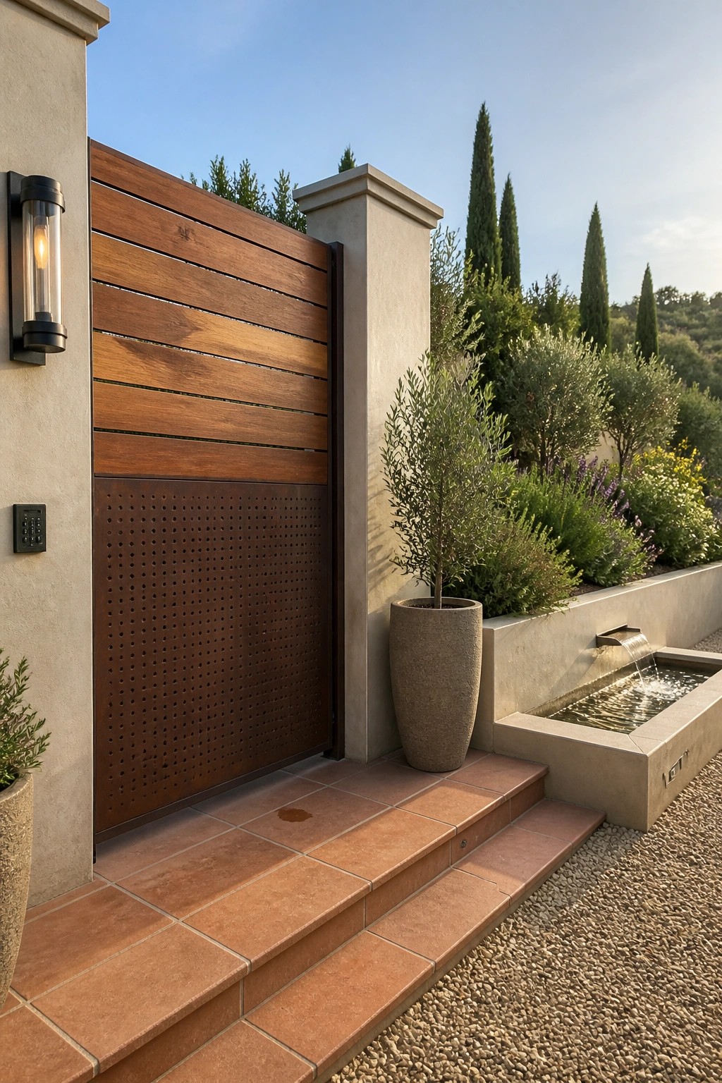 A wooden gate with horizontal slats on the upper half and a perforated metal panel on the lower half, positioned beside a concrete pillar with steps and a garden water feature visible to the right.