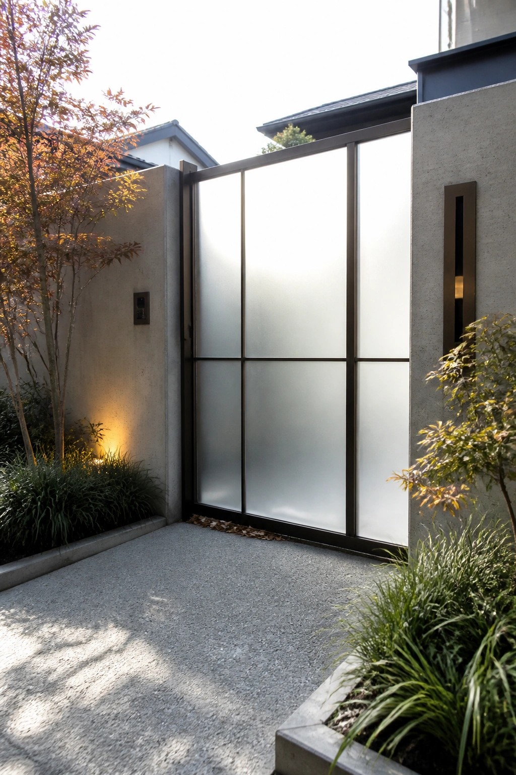 A dark-framed gate with six frosted glass panels set between concrete walls next to a gravel path and plants.