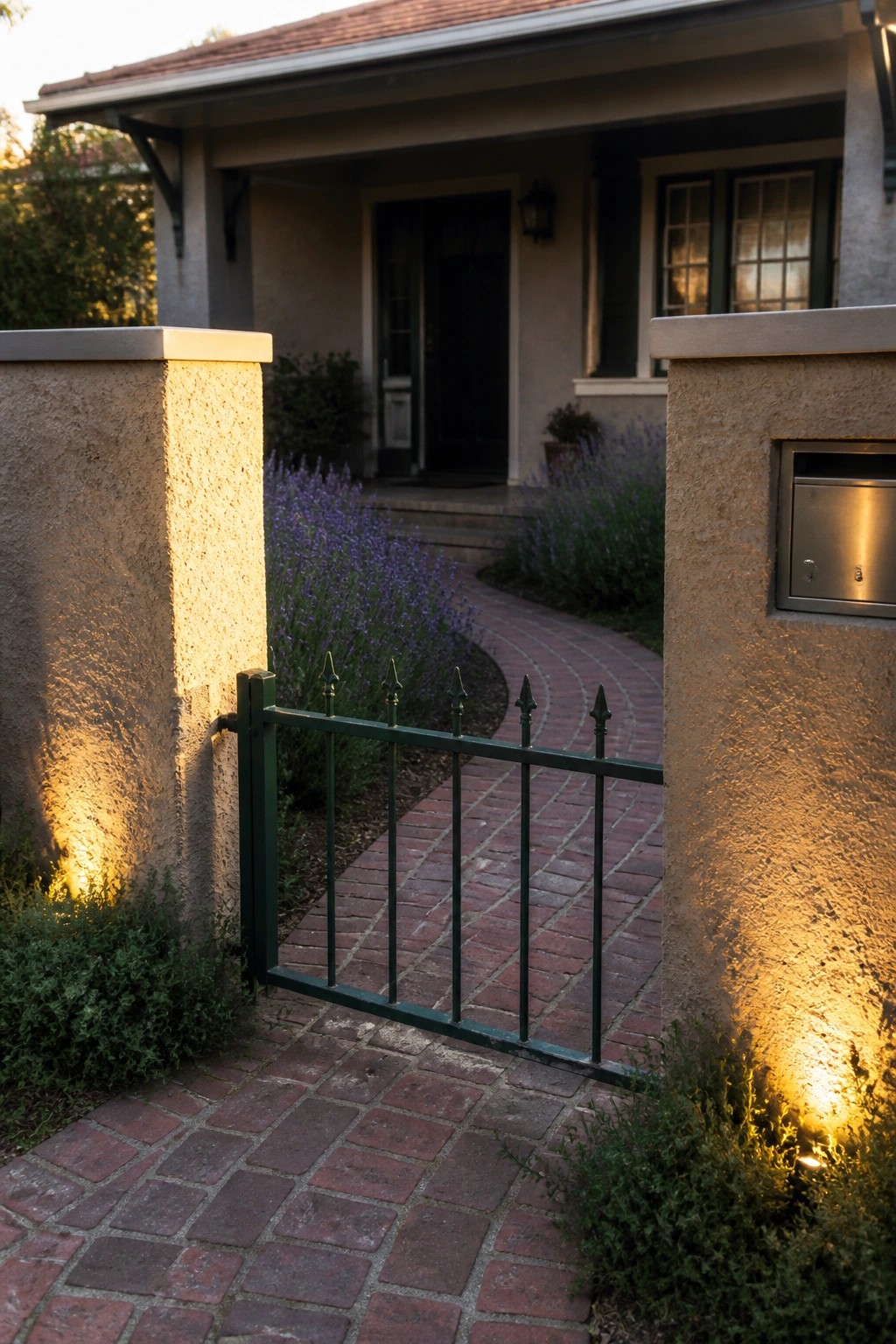 Open green gate between lit stone pillars on brick path to house