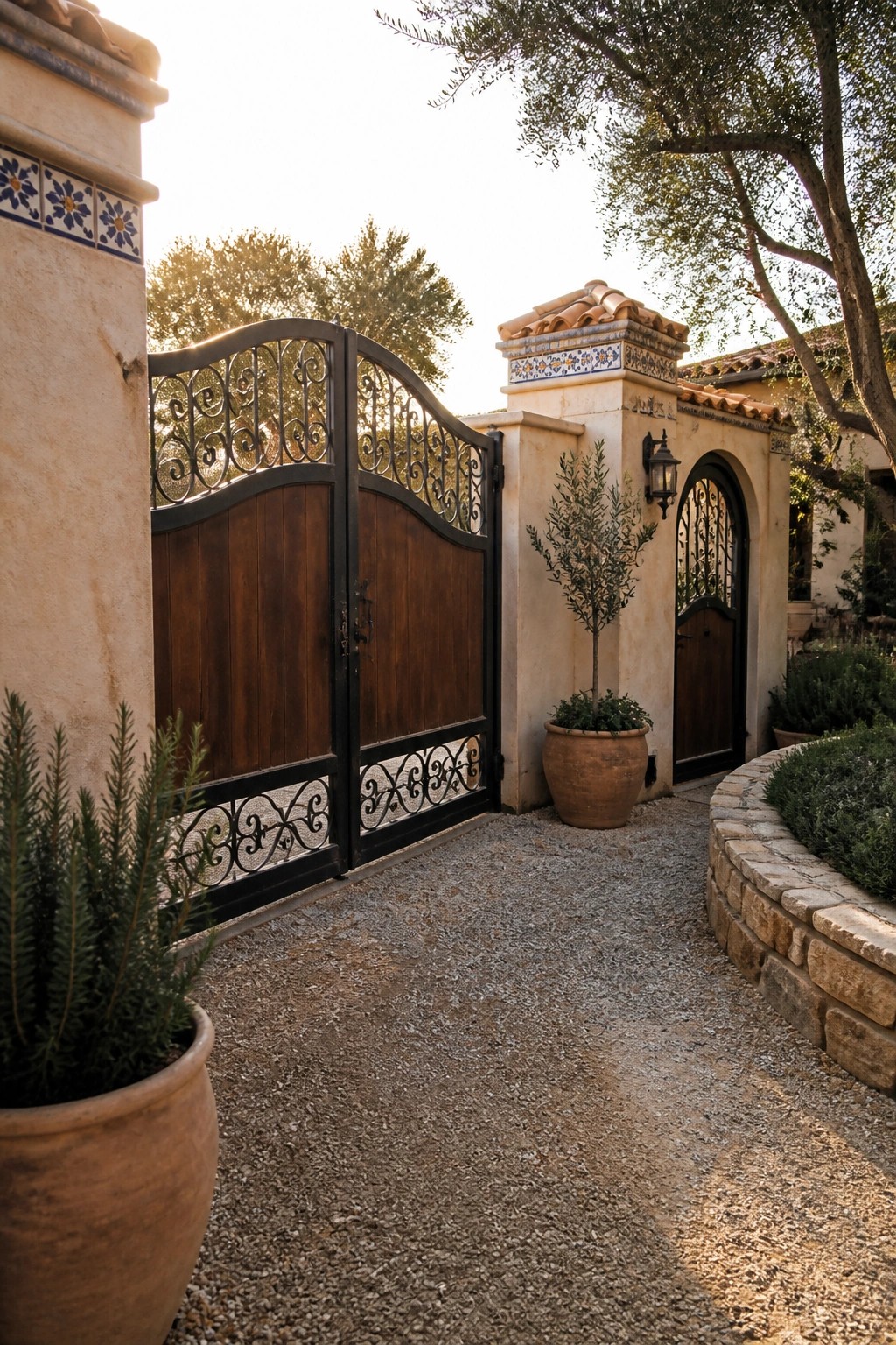 A double wooden gate with ornate wrought iron details set between stucco pillars with terracotta pots along a gravel path.
