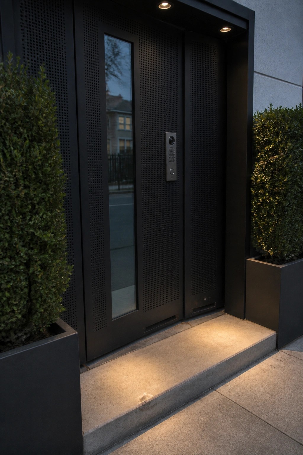 Modern black entry doors with perforated metal panels, a tall narrow glass window on the left door, and a built-in intercom, flanked by large planters with dense shrubs.