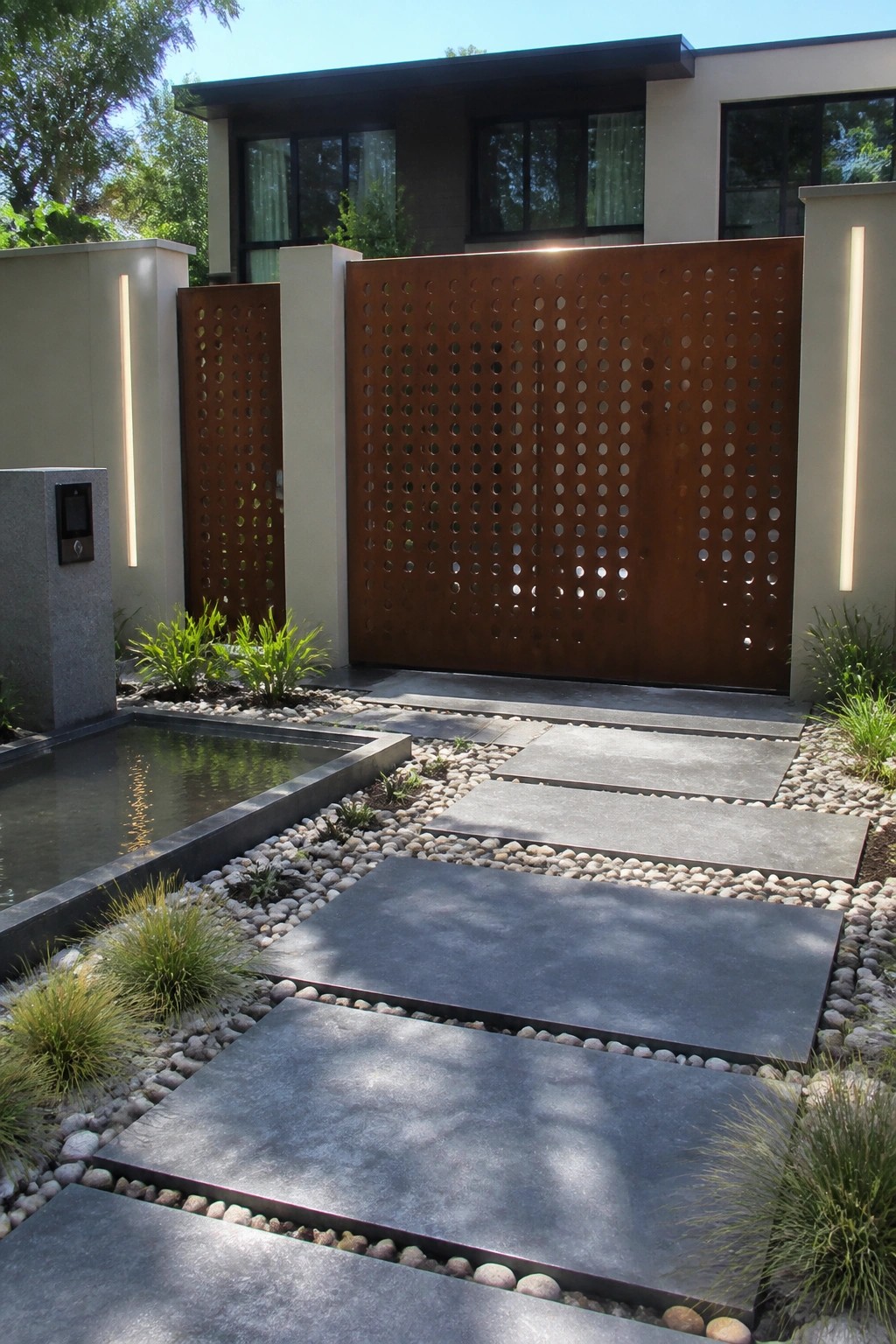 A modern home entrance with a large perforated rusty metal gate, stone paver path over gravel, a small water feature on the left, and vertical light strips on flanking pillars.