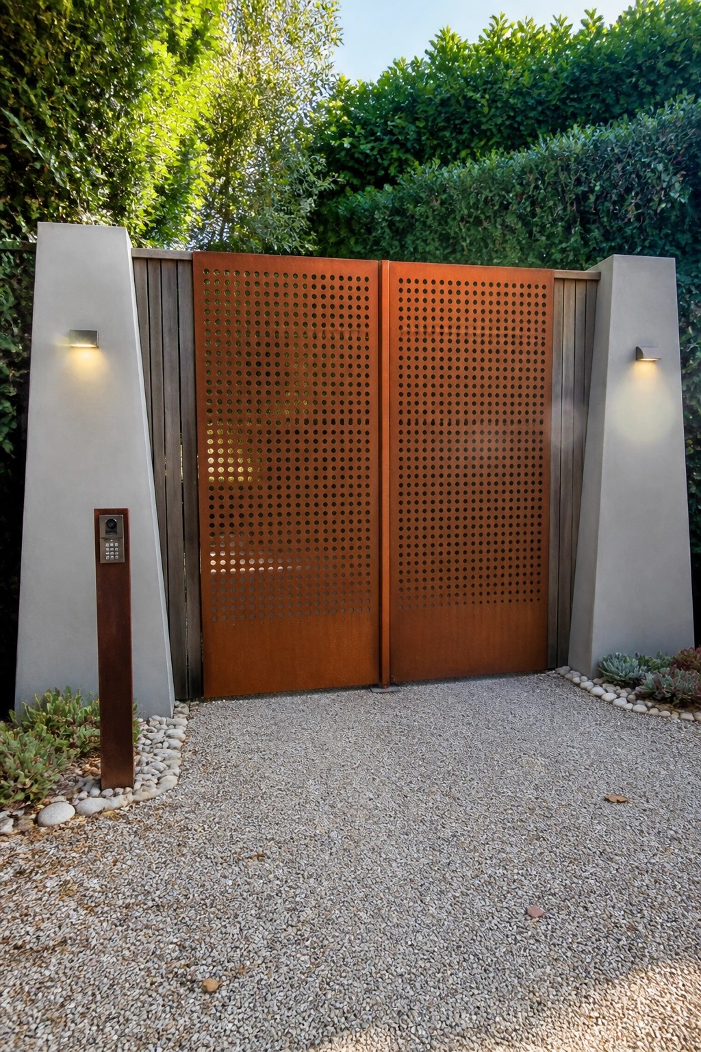 A modern double gate with perforated rusty-orange metal panels set between concrete pillars, with an intercom post on the left and gravel driveway in front.