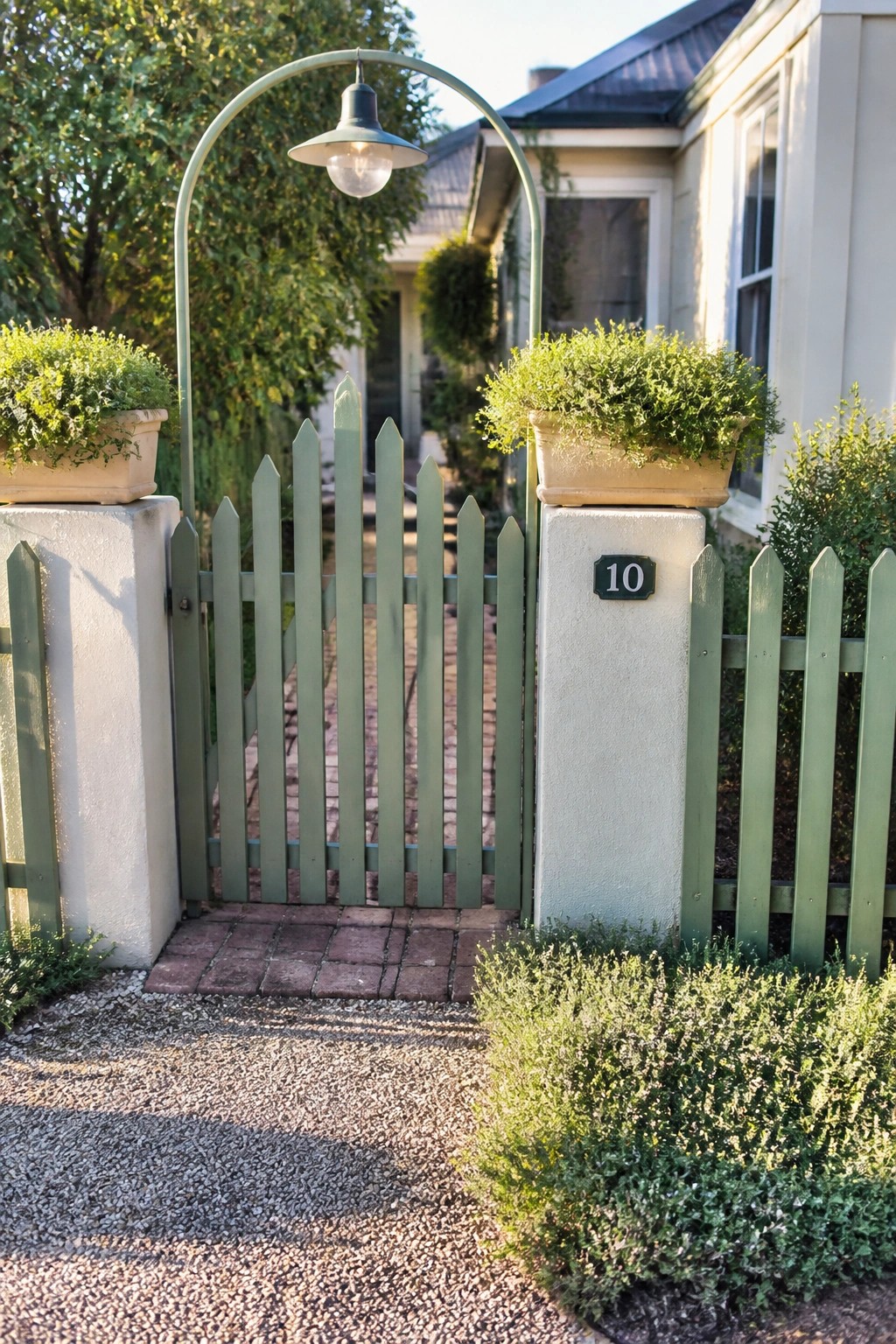 Green picket gate under arched lamp between stone pillars with potted plants and number 10.