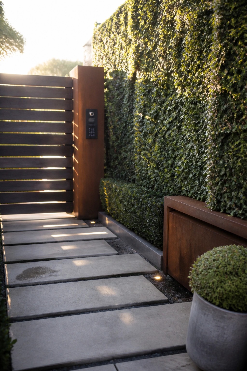 Stone pathway to wooden gate with keypad beside tall ivy hedge and potted plant.