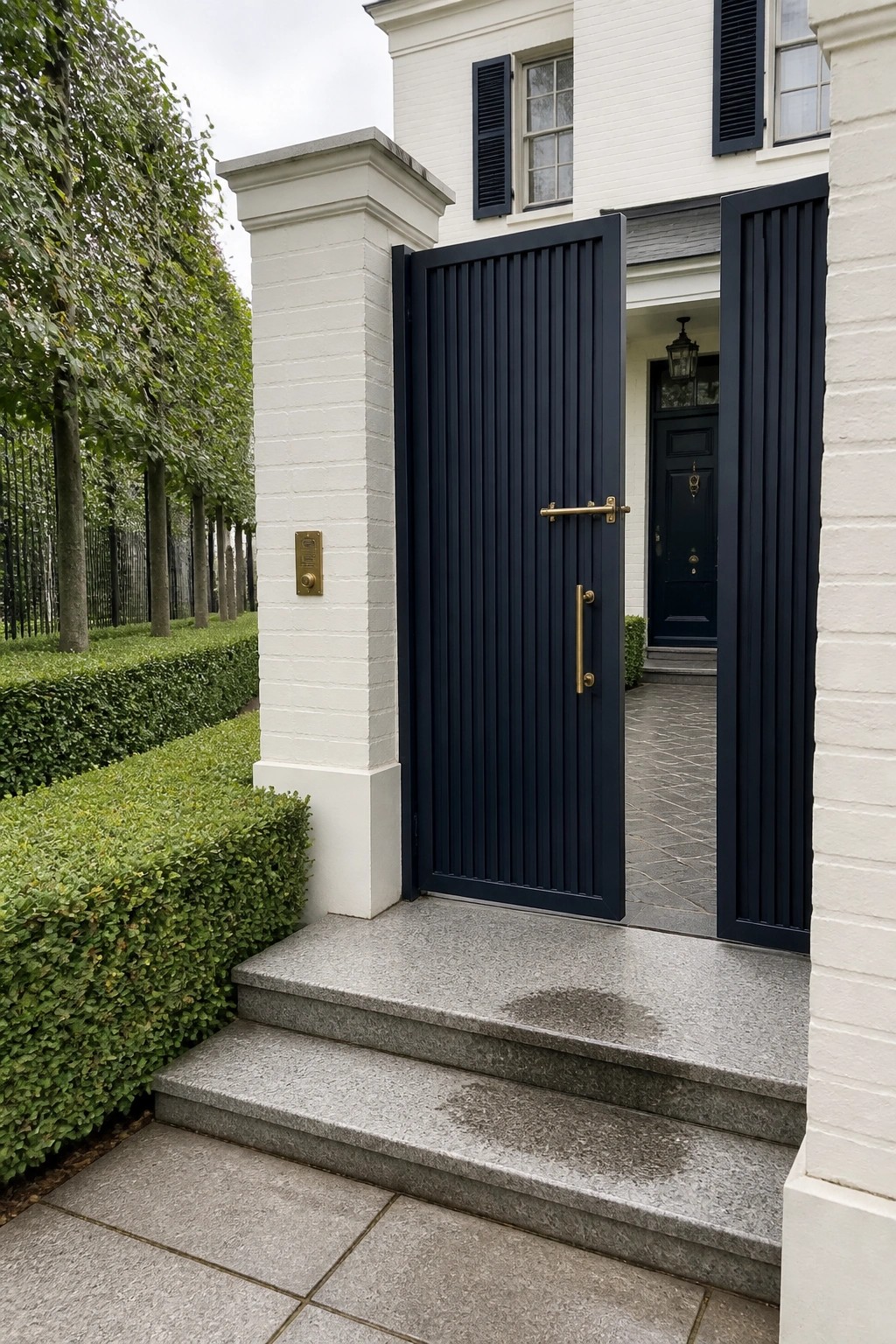 A tall dark blue vertical slat gate stands open between white brick pillars, with stone steps leading to a house entrance.