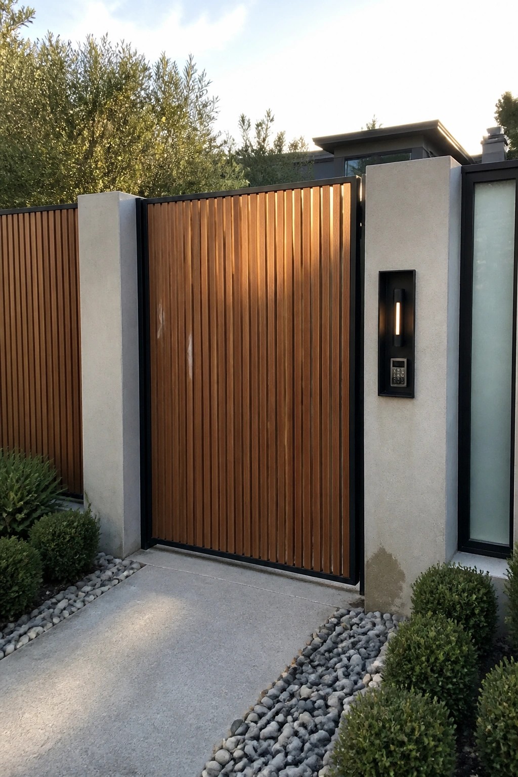 Modern vertical wood gate between concrete pillars with keypad, pebbles and shrubs
