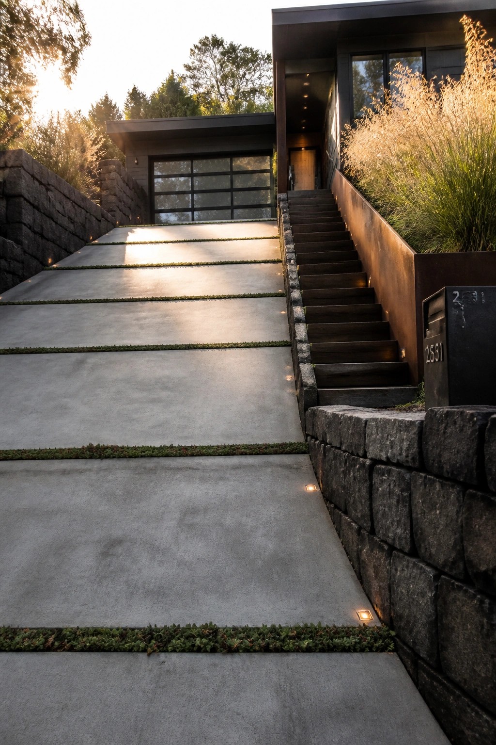 Modern home with illuminated concrete driveway, wooden stairs, stone walls at sunset.