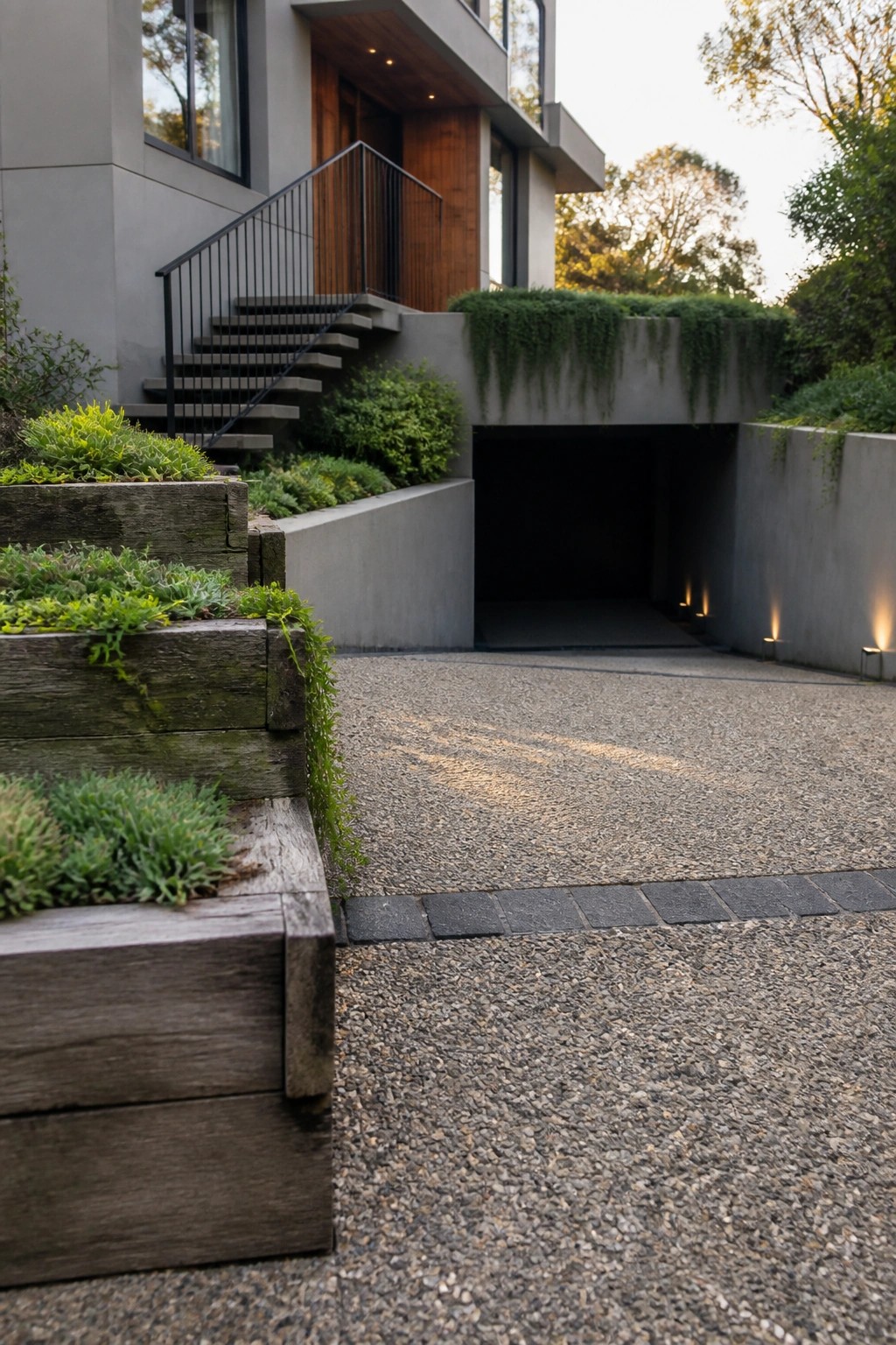 Modern house exterior showing a gravel driveway leading to an under-house garage entrance, with concrete walls, hanging greenery, and wooden stairs to the front door.