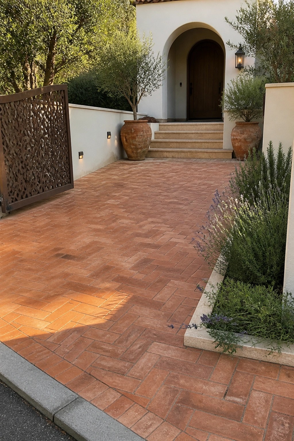 A herringbone brick driveway leads to a house entrance with an arched wooden door, large terracotta pots on either side of the steps, and a decorative metal gate on the left.