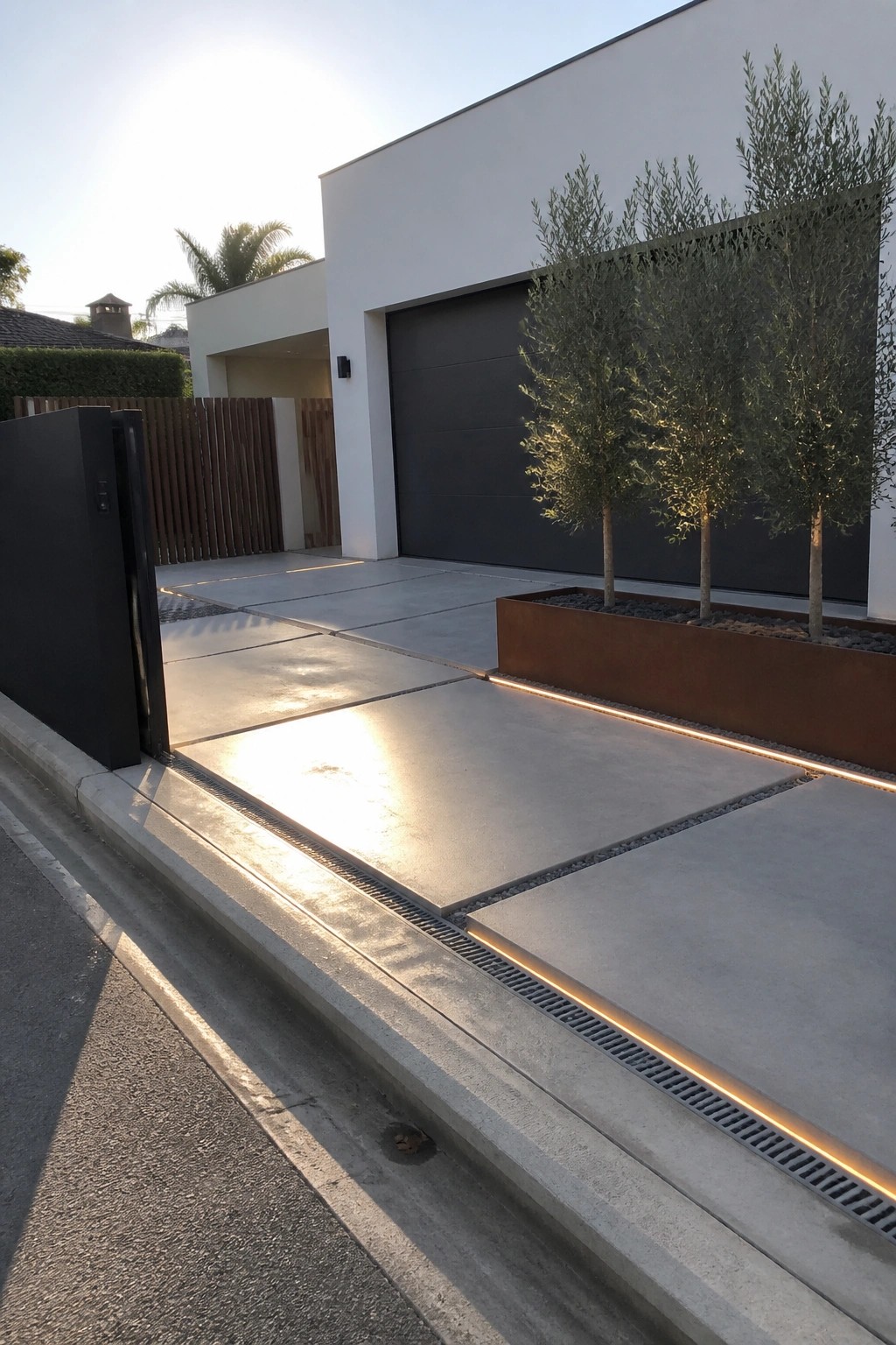 A modern concrete driveway with embedded linear lighting leads past a black gate to a white house with a dark garage door and a rusted metal planter holding several trees.