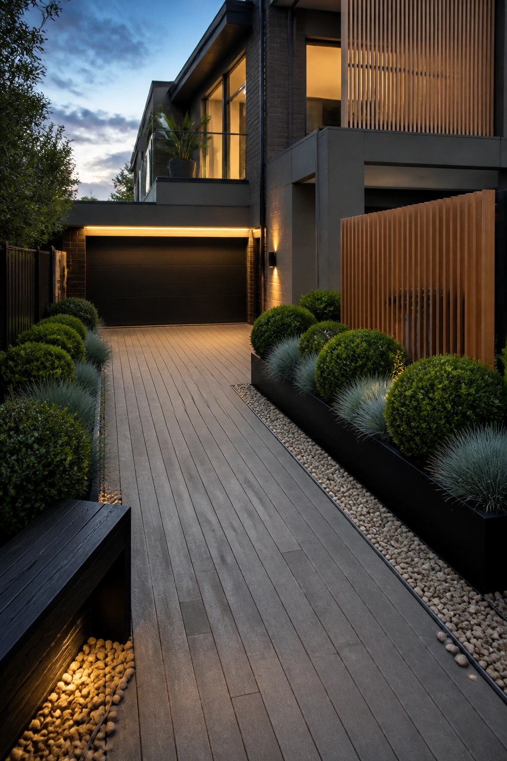 A modern two-story house at dusk with a long wooden plank driveway bordered by black rectangular planters filled with rounded green shrubs and blue-green grasses, leading to a closed dark garage.
