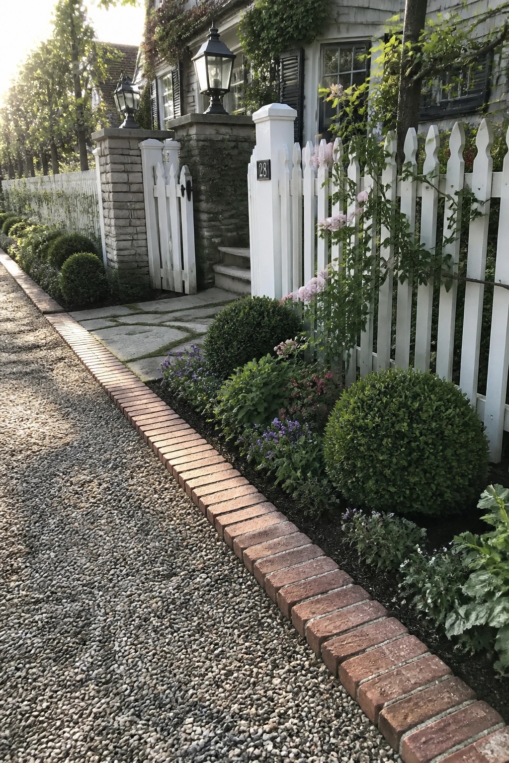 White picket fence with roses borders brick-edged garden beside gravel path.