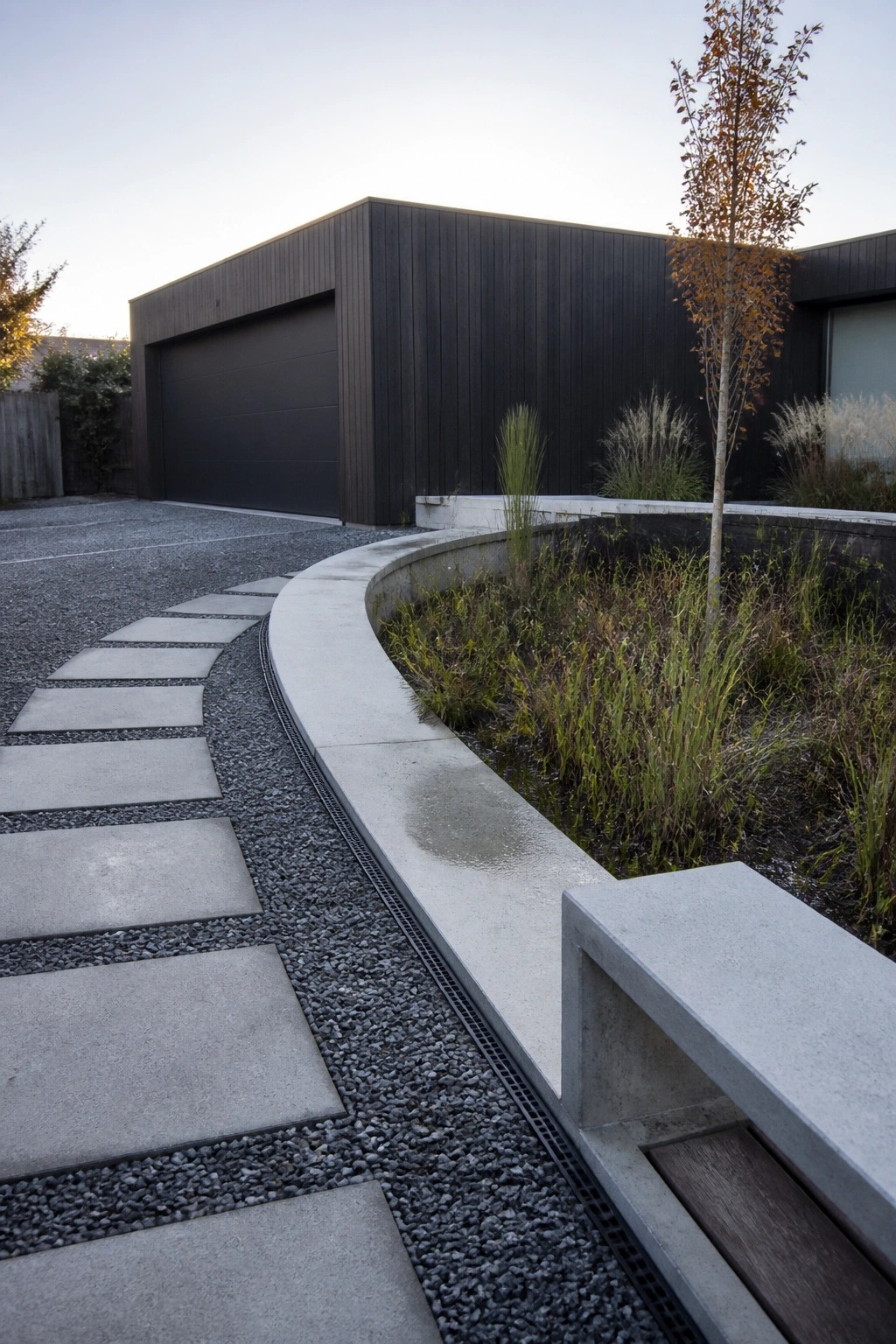 Modern dark house exterior with gravel driveway, curved concrete edging bordering a planted bed, and a path of rectangular concrete pavers.