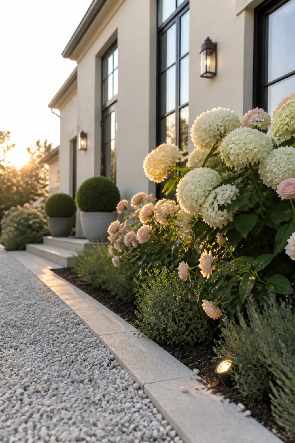 Gravel driveway with concrete edging beside planted beds of white hydrangeas and pink roses in front of a house.