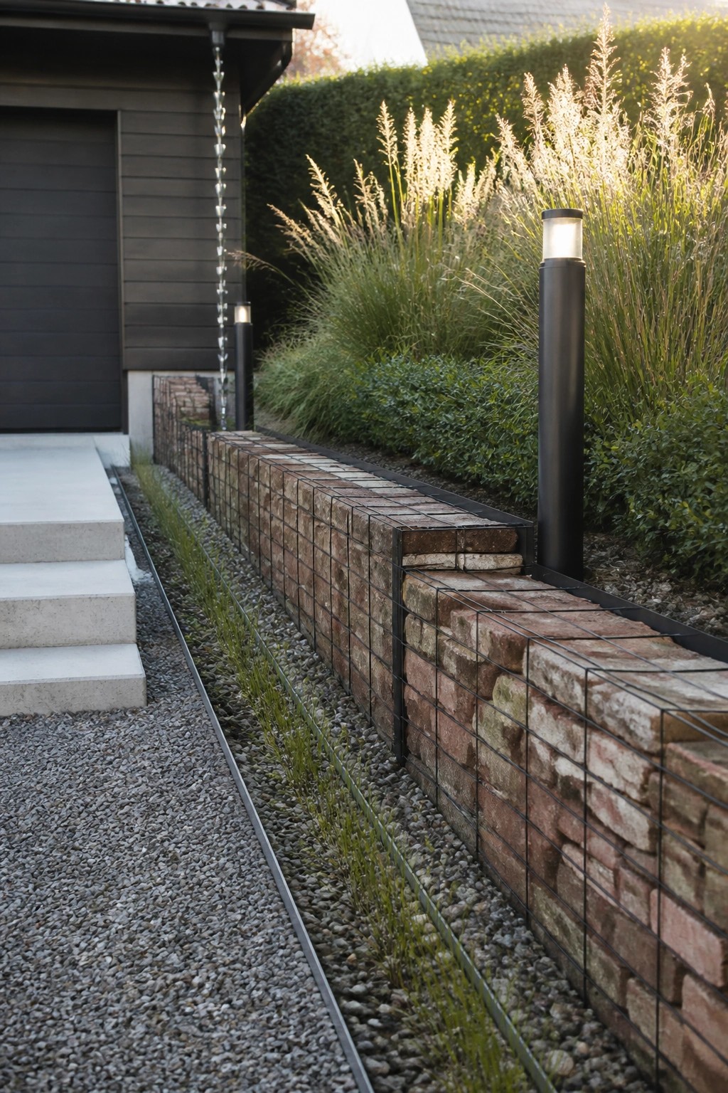 A gravel path runs alongside a low brick wall held in wire mesh, with tall ornamental grasses and black light posts in the adjacent garden bed next to a dark house.