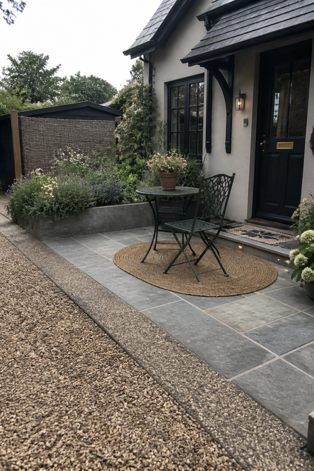 Gray stone patio with bistro table, chairs on jute rug by house garden