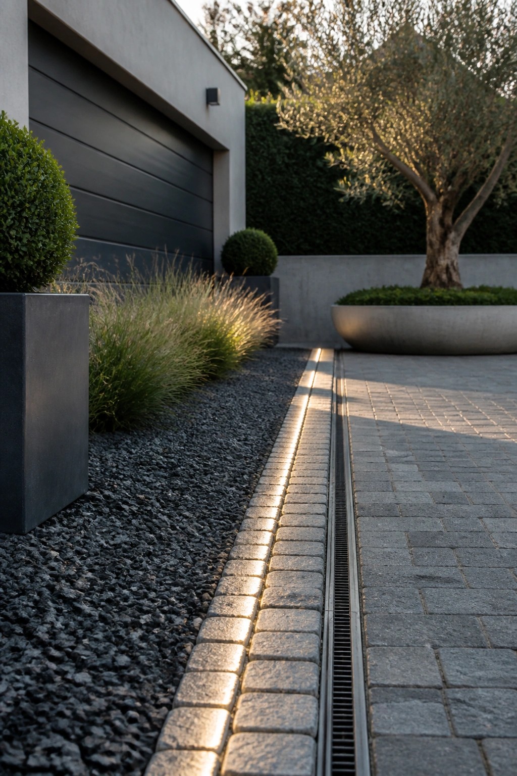 Modern driveway with gray pavers, linear lights, dark gravel beds, and concrete planters.