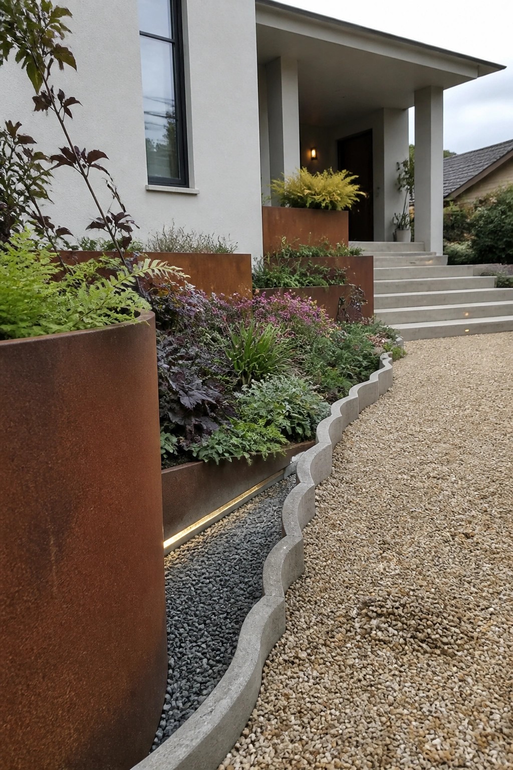 A gravel driveway next to a modern house with scalloped concrete edging separating it from raised metal planters filled with plants.
