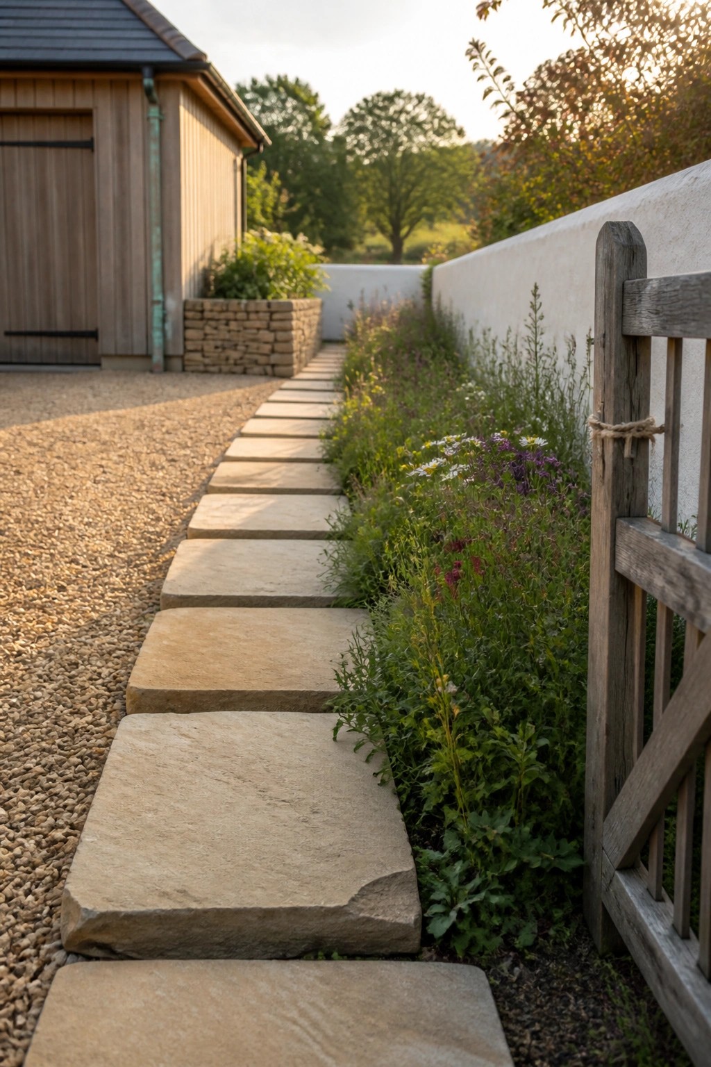 A gravel driveway with large stone stepping slabs forming a path beside a flower bed and a wooden gate next to a timber building.
