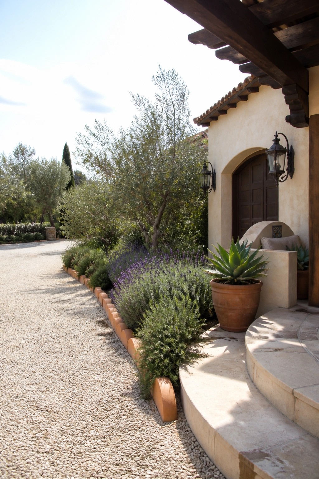 A gravel driveway bordered by curved terracotta edging with lavender and shrubs planted alongside a stucco house entrance.