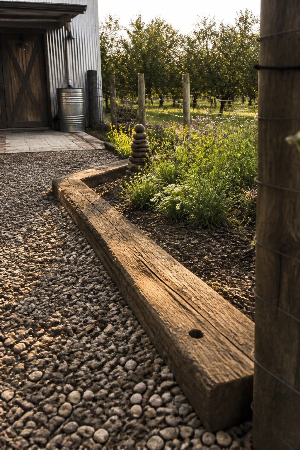 A gravel driveway edged with a thick wooden beam next to a garden bed and metal building.