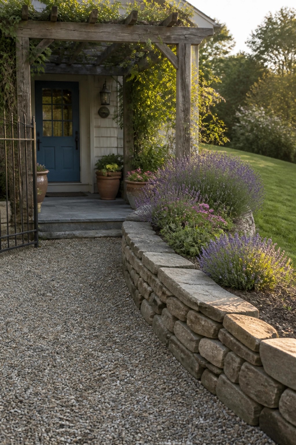 Stone steps to blue door under wooden pergola beside lavender-lined retaining wall.