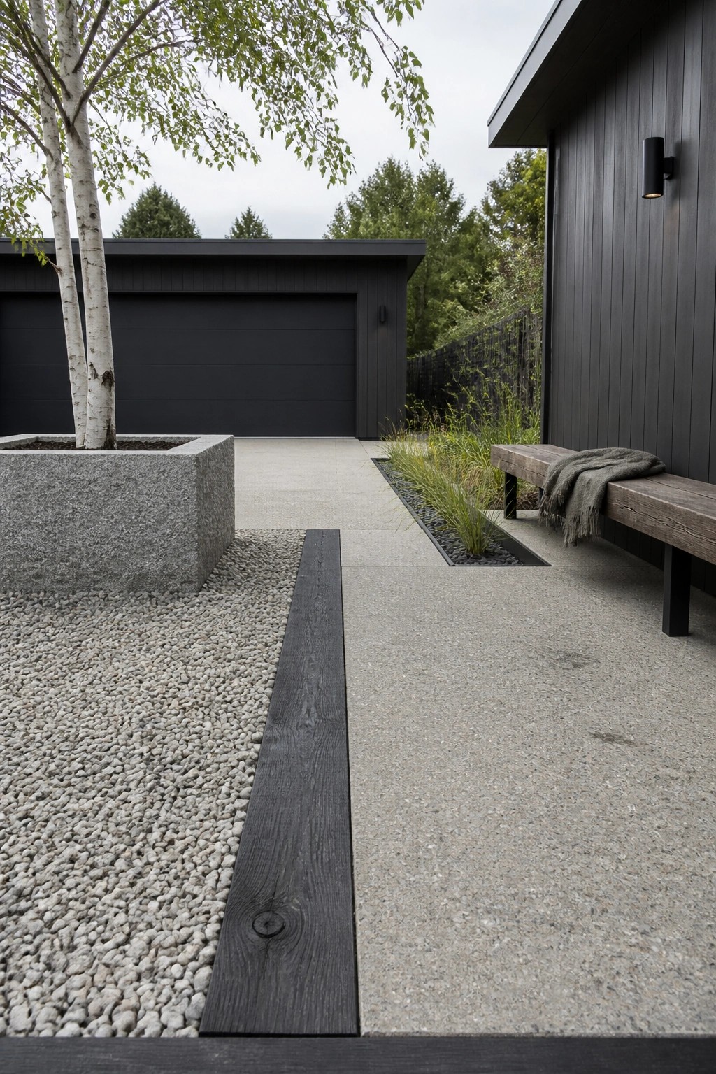 Modern home driveway area showing gravel bordered by a dark wood strip next to concrete paving, with a stone planter holding a tree on the left and a wooden bench against the house wall on the right.