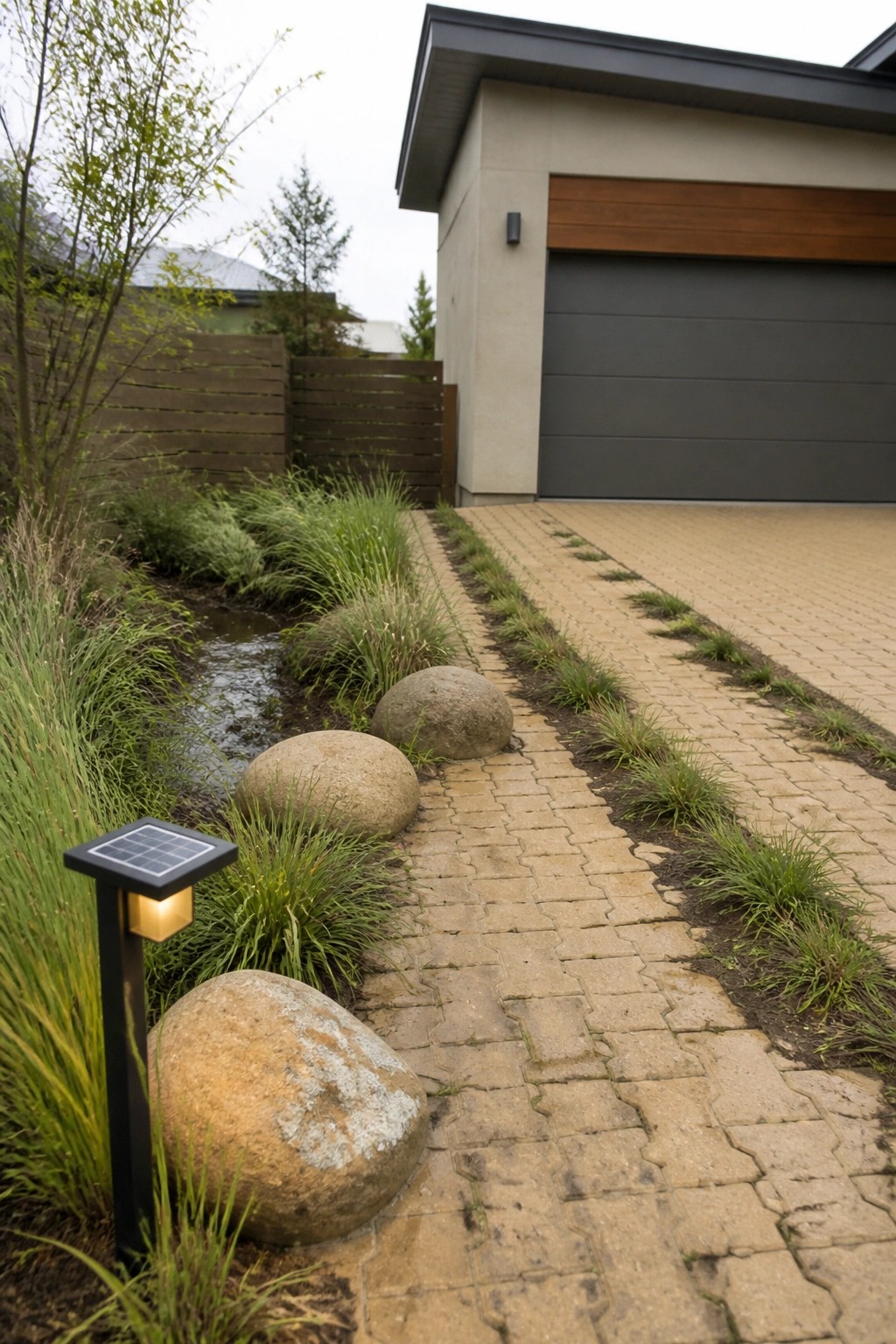 Solar light by rocks and grasses along brick driveway near modern house.
